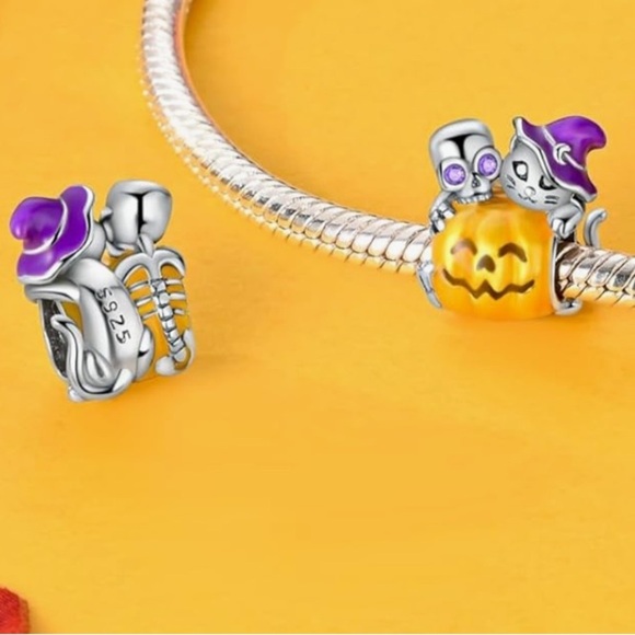 Halloween Skull skeleton jack-o’-lantern cat Charm fits Pandora in silver 925 - Picture 2 of 4